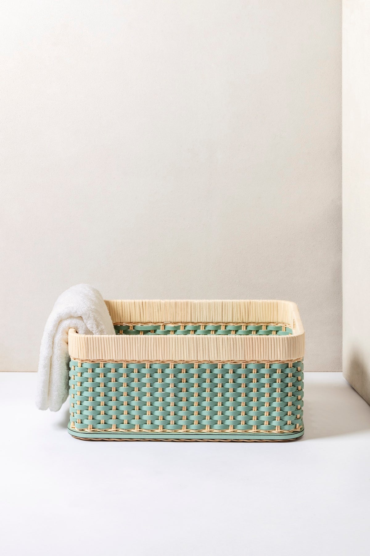 Pigment France | Orsay Leather & Rattan Storage Basket: Leather and rattan alternating graphic weave — mini, small, large | Storage | 2Jour Concierge, your luxury lifestyle shop | luxury storage basket, Pigment France Orsay, leather rattan basket, French artisan basket, designer storage