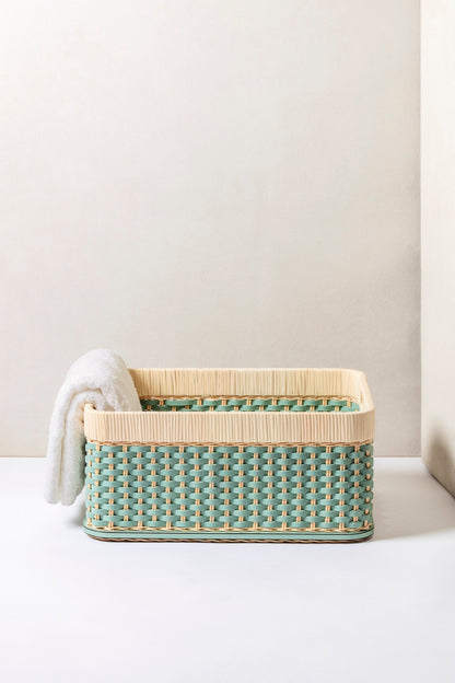 Pigment France | Orsay Leather & Rattan Storage Basket: Leather and rattan alternating graphic weave — mini, small, large | Storage | 2Jour Concierge, your luxury lifestyle shop | luxury storage basket, Pigment France Orsay, leather rattan basket, French artisan basket, designer storage
