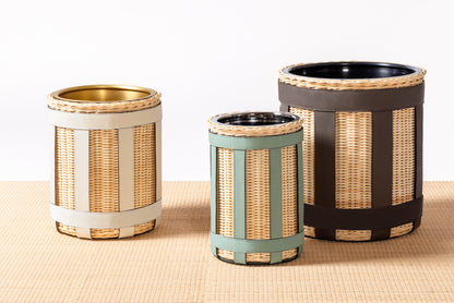 Pigment France × Gio Minelli Sillon Bin | Storage bin in natural rattan with leather trim and polished chrome, bronze or brass finish | Storage / Bins | 2Jour Concierge, your luxury lifestyle shop | luxury interiors, hospitality décor, designer home accessories, boutique hotels, refined lifestyle, yacht décor, office décor, executive interiors