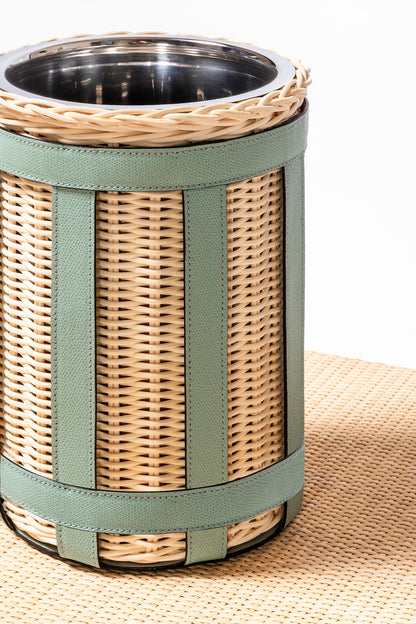 Pigment France × Gio Minelli Sillon Bin | Storage bin in natural rattan with leather trim and polished chrome, bronze or brass finish | Storage / Bins | 2Jour Concierge, your luxury lifestyle shop | luxury interiors, hospitality décor, designer home accessories, boutique hotels, refined lifestyle, yacht décor, office décor, executive interiors