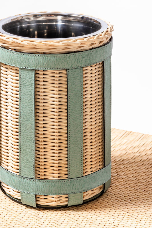 Pigment France × Gio Minelli Sillon Bin | Storage bin in natural rattan with leather trim and polished chrome, bronze or brass finish | Storage / Bins | 2Jour Concierge, your luxury lifestyle shop | luxury interiors, hospitality décor, designer home accessories, boutique hotels, refined lifestyle, yacht décor, office décor, executive interiors