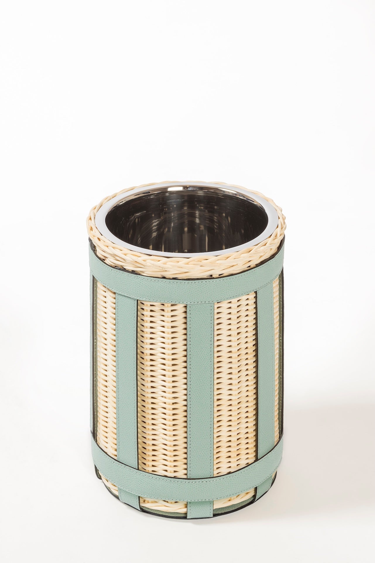 Pigment France × Gio Minelli Sillon Bin | Storage bin in natural rattan with leather trim and polished chrome, bronze or brass finish | Storage / Bins | 2Jour Concierge, your luxury lifestyle shop | luxury interiors, hospitality décor, designer home accessories, boutique hotels, refined lifestyle, yacht décor, office décor, executive interiors