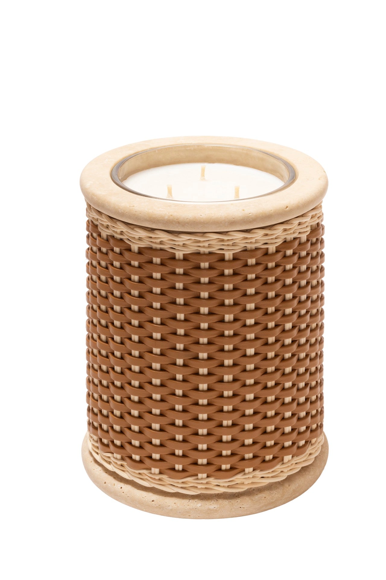 Pigment France × Giobagnara Courbet Travertine Candle Holder (Regular) | Marble candle holder with woven leather and rattan covering, complete with removable wax candle | Décor / Vases + Candle Holders | 2Jour Concierge, your luxury lifestyle shop | luxury interiors, refined lifestyle, hospitality décor, designer home accessories, boutique hotels, yacht décor, elegant living, office décor