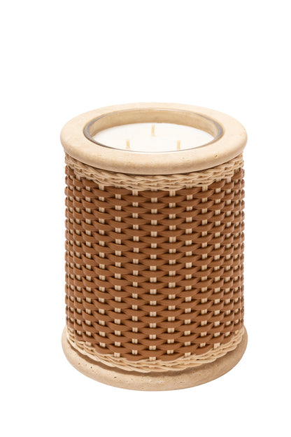 Pigment France × Giobagnara Courbet Travertine Candle Holder (Regular) | Marble candle holder with woven leather and rattan covering, complete with removable wax candle | Décor / Vases + Candle Holders | 2Jour Concierge, your luxury lifestyle shop | luxury interiors, refined lifestyle, hospitality décor, designer home accessories, boutique hotels, yacht décor, elegant living, office décor