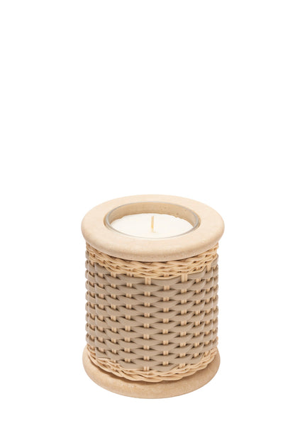 Pigment France × Giobagnara Courbet Travertine Candle Holder (Regular) | Marble candle holder with woven leather and rattan covering, complete with removable wax candle | Décor / Vases + Candle Holders | 2Jour Concierge, your luxury lifestyle shop | luxury interiors, refined lifestyle, hospitality décor, designer home accessories, boutique hotels, yacht décor, elegant living, office décor