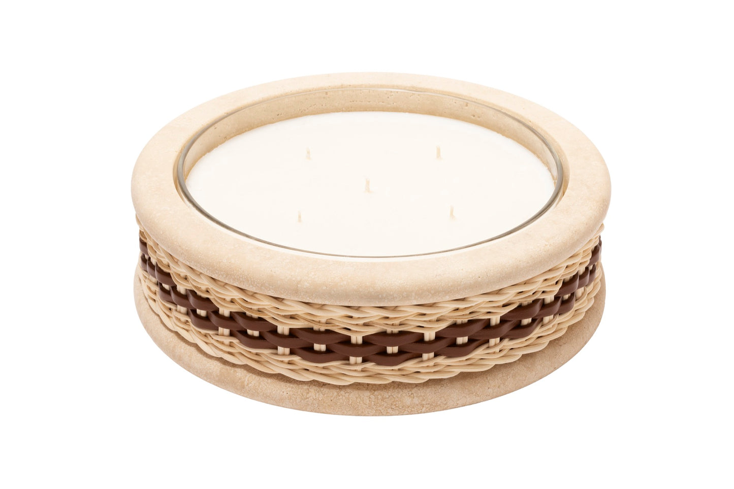 Pigment France × Giobagnara Courbet Travertine Candle Holder (Regular) | Marble candle holder with woven leather and rattan covering, complete with removable wax candle | Décor / Vases + Candle Holders | 2Jour Concierge, your luxury lifestyle shop | luxury interiors, refined lifestyle, hospitality décor, designer home accessories, boutique hotels, yacht décor, elegant living, office décor