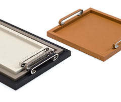 Foscari Wood Base Leather-Covered Tray with Metal Handles Medium