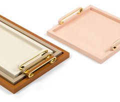 Foscari Wood Base Leather-Covered Tray with Metal Handles Big
