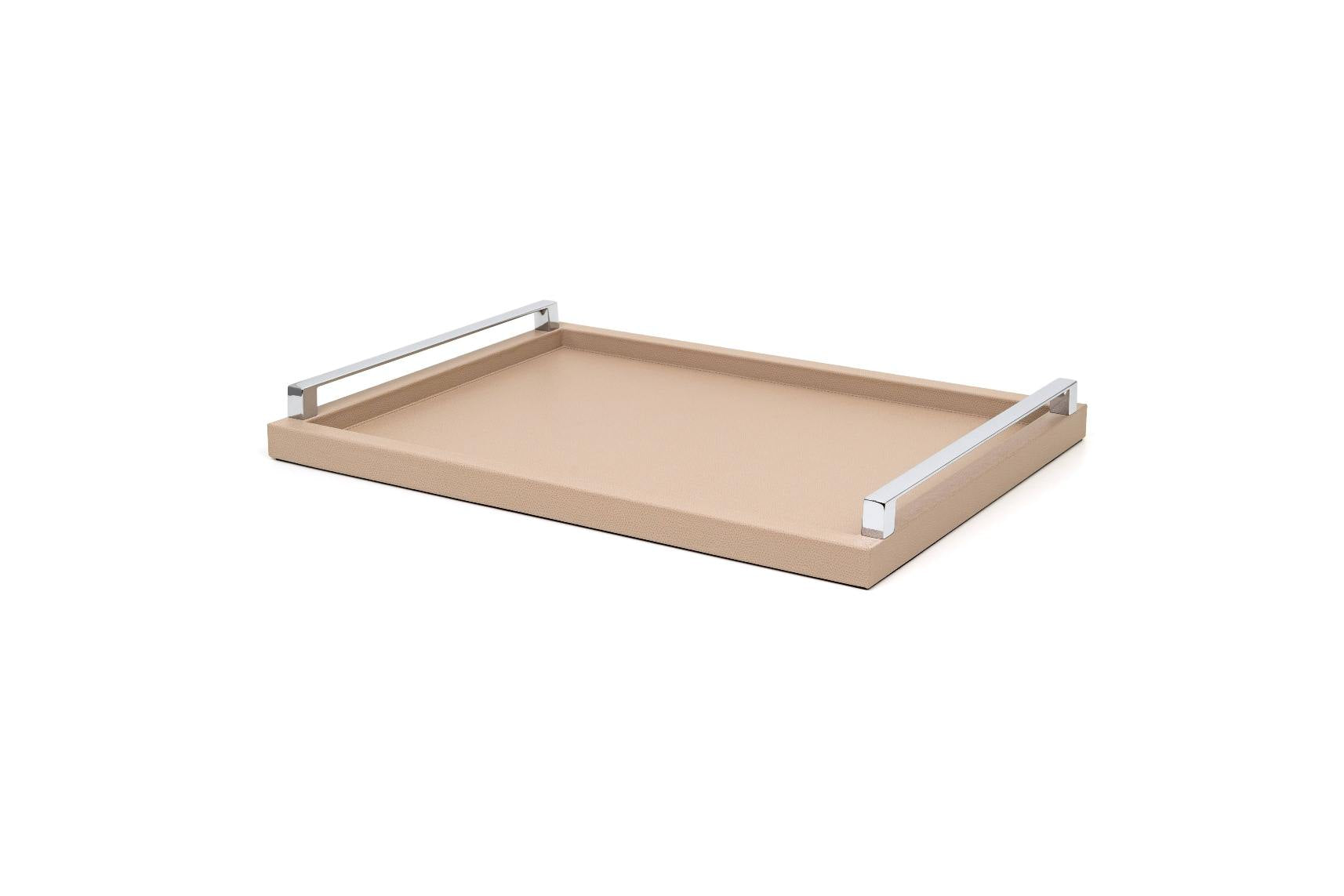 Pinetti Jupiter Tray | Wood base covered in leather | Metal handles with chrome, burnished, or gold finishing | Non-slip base for secure use | Elegant and functional design | Home Decor and Serveware | 2Jour Concierge, your luxury lifestyle shop