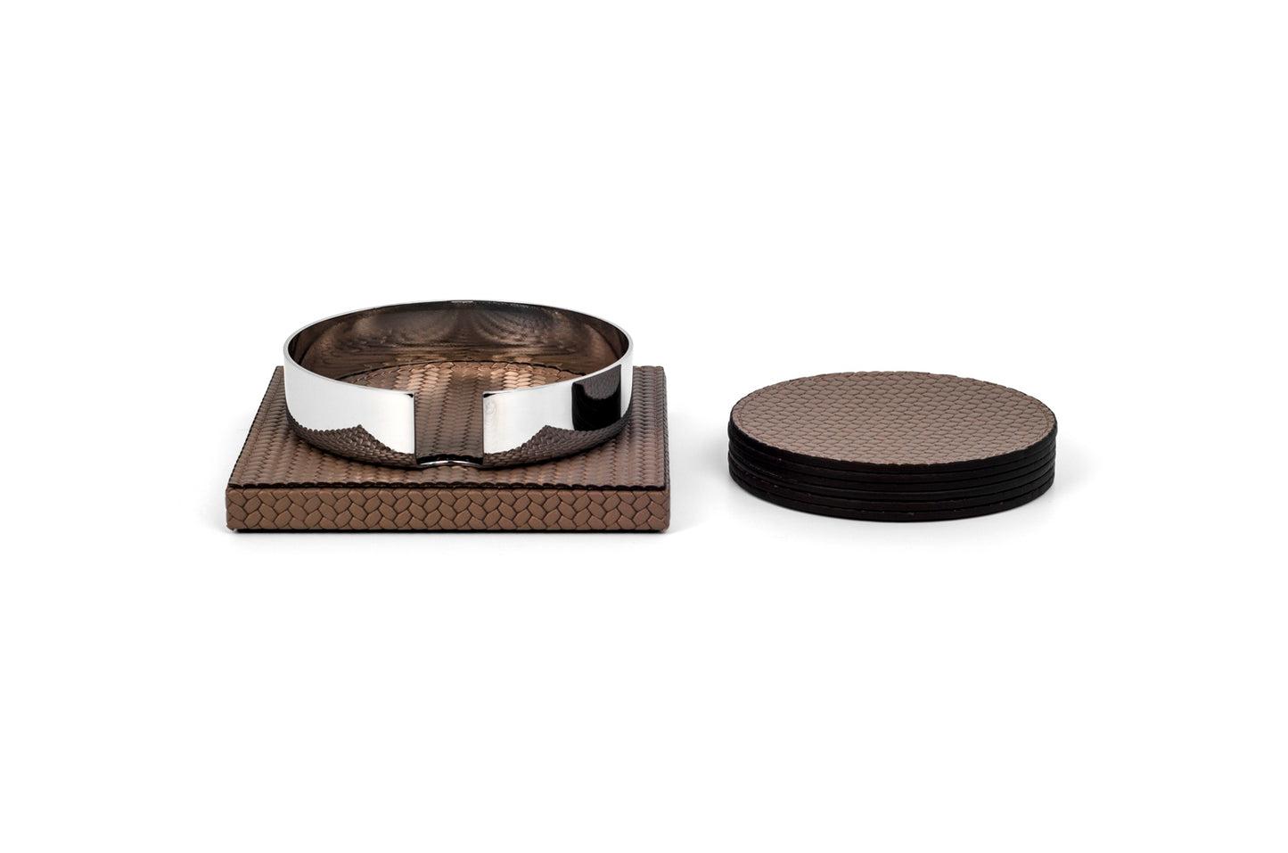 Pinetti Saturno Coaster Holder | Wood base covered in leather with chrome-finished metal accents | Includes 6 coasters | Available for purchase without the holder | Stylish and functional addition to any table | Home Decor and Serveware | 2Jour Concierge, your luxury lifestyle shop