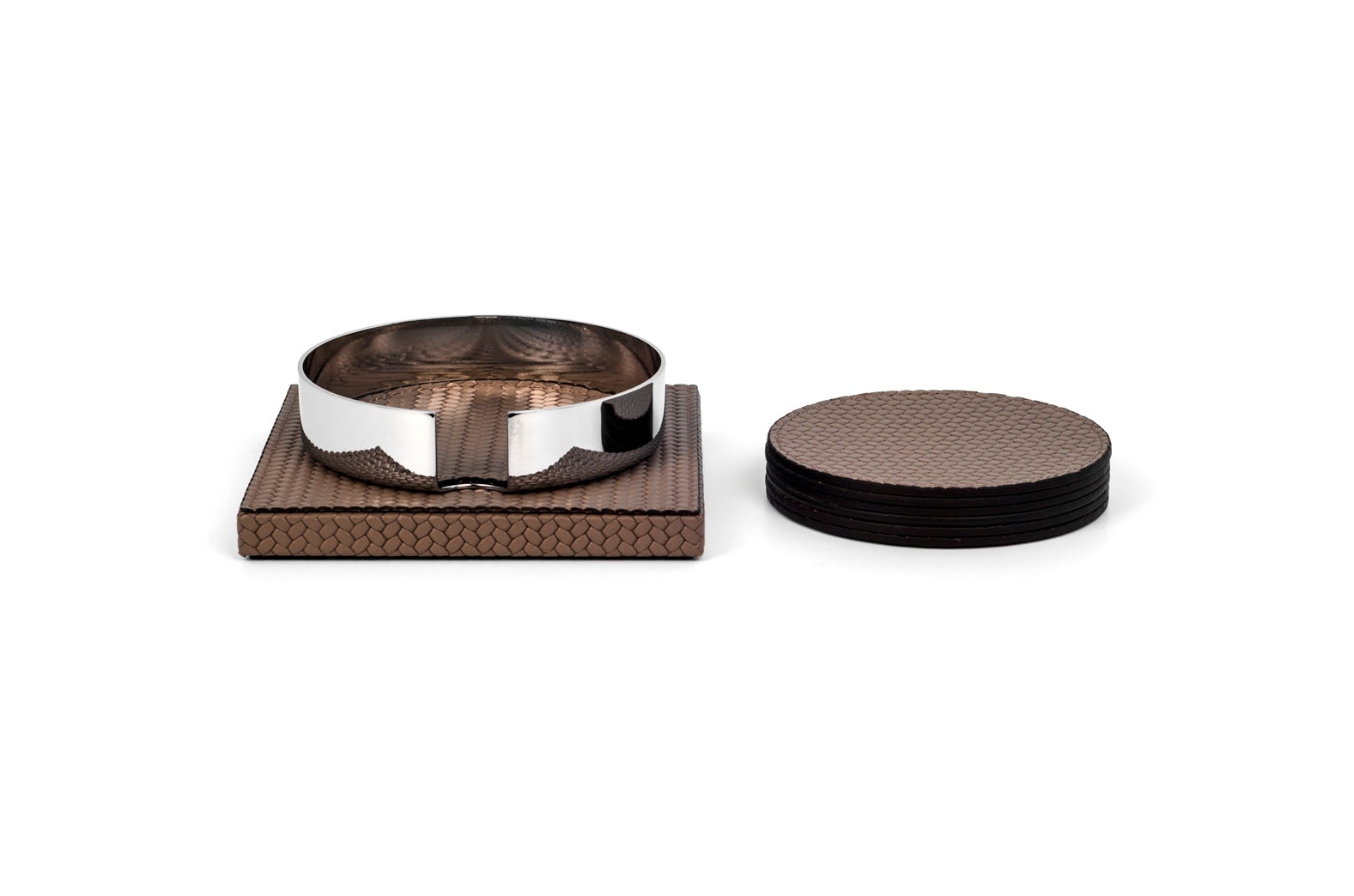 Pinetti Saturno Coaster Holder | Wood base covered in leather with chrome-finished metal accents | Includes 6 coasters | Available for purchase without the holder | Stylish and functional addition to any table | Home Decor and Serveware | 2Jour Concierge, your luxury lifestyle shop