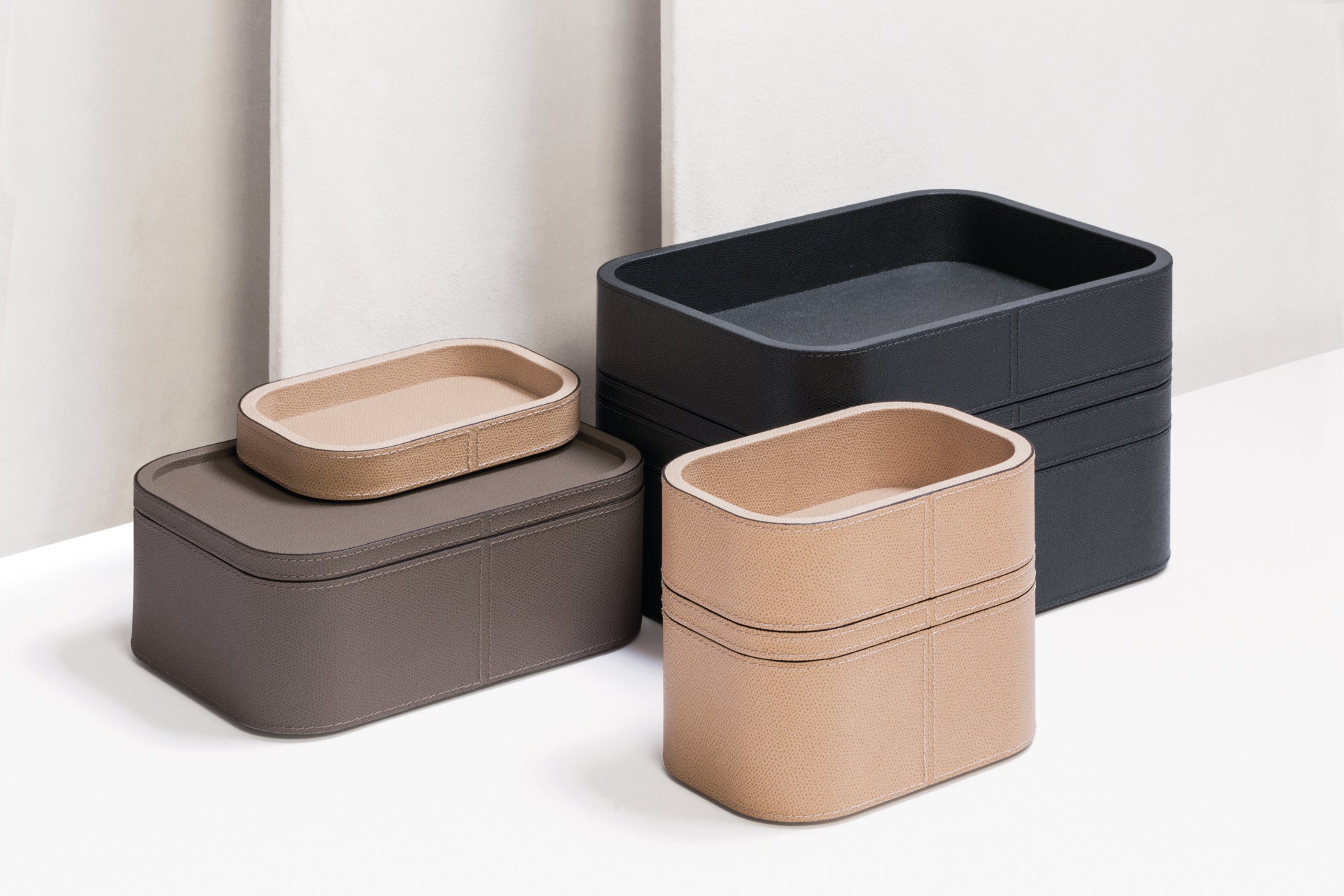 Giobagnara | Polo Stackable Valet Tray: Leather-covered wood stackable tray in round, square, and rectangular shapes with multiple sizes | Decor / Valet Trays | 2Jour Concierge, your luxury lifestyle shop | premium valet trays for expensive interiors, luxury decorative storage, office desks, bedside tables, and coordinated wardrobe systems