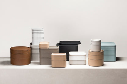 Giobagnara | Polo Stackable Valet Tray: Leather-covered wood stackable tray in round, square, and rectangular shapes with multiple sizes | Decor / Valet Trays | 2Jour Concierge, your luxury lifestyle shop | premium valet trays for expensive interiors, luxury decorative storage, office desks, bedside tables, and coordinated wardrobe systems