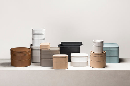 Giobagnara | Polo Stackable Valet Tray: Leather-covered wood stackable tray in round, square, and rectangular shapes with multiple sizes | Decor / Valet Trays | 2Jour Concierge, your luxury lifestyle shop | premium valet trays for expensive interiors, luxury decorative storage, office desks, bedside tables, and coordinated wardrobe systems