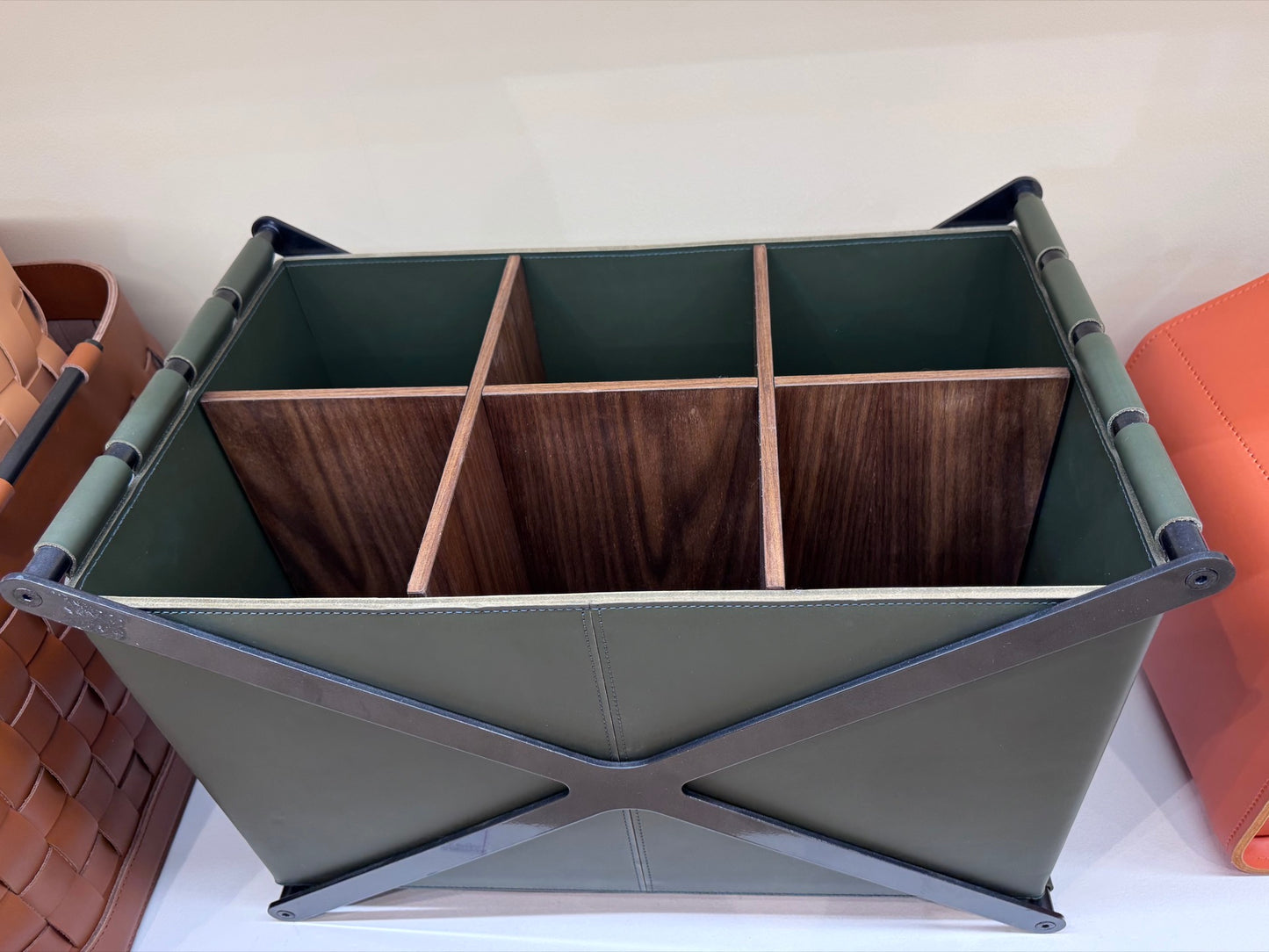 Edinburgh Saddle Leather Dark-Stained Metal Storage Basket With Walnut Dividers