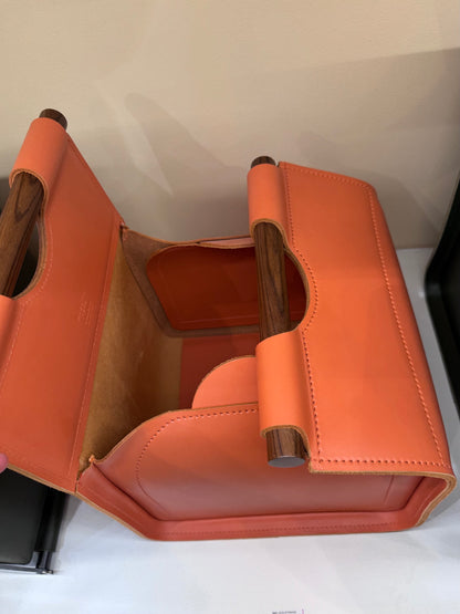 Jota Square Saddle Leather Storage Basket with Solid Palisander Handles