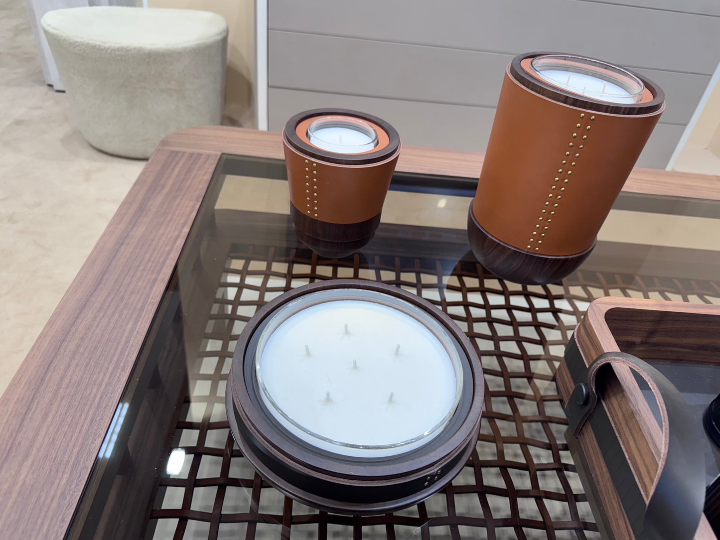 Toiles de Noyer Walnut and Leather Candle Holder