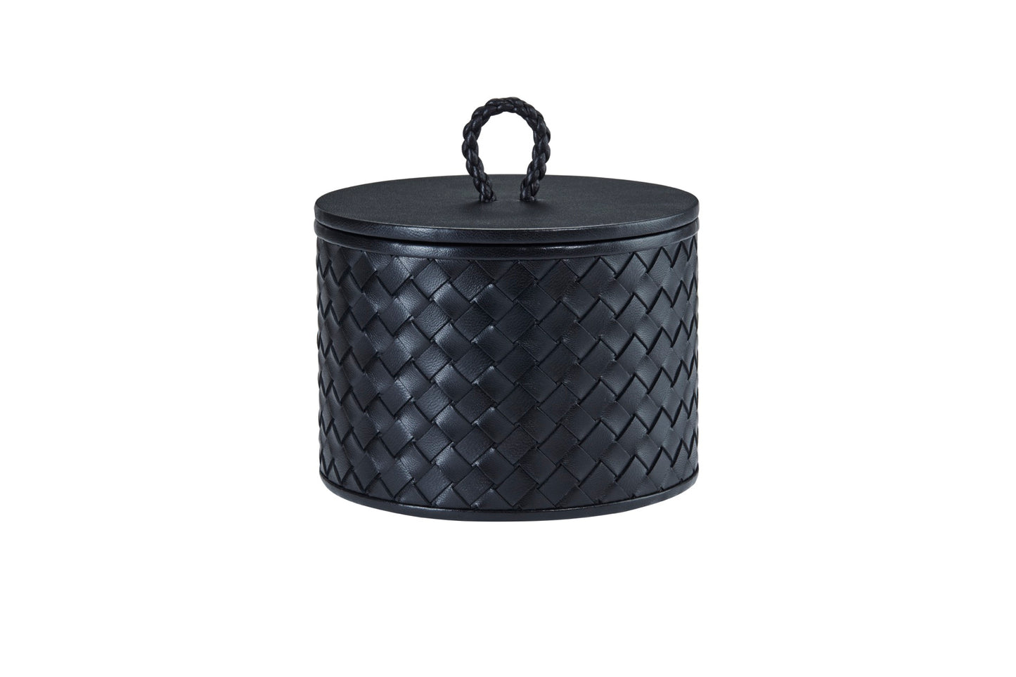 Riviere Jana | Round Box: Quilted leather box with lid, available in handwoven, diamond, or herringbone patterns, offered in multiple sizes for elegant storage and display | Decor / Trinket Boxes | 2Jour Concierge, your luxury lifestyle shop | luxury interiors, hospitality décor, elegant living, designer home accessories, boutique hotels, refined lifestyle, yacht décor, executive interiors