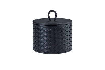 Riviere Jana | Round Box: Quilted leather box with lid, available in handwoven, diamond, or herringbone patterns, offered in multiple sizes for elegant storage and display | Decor / Trinket Boxes | 2Jour Concierge, your luxury lifestyle shop | luxury interiors, hospitality décor, elegant living, designer home accessories, boutique hotels, refined lifestyle, yacht décor, executive interiors