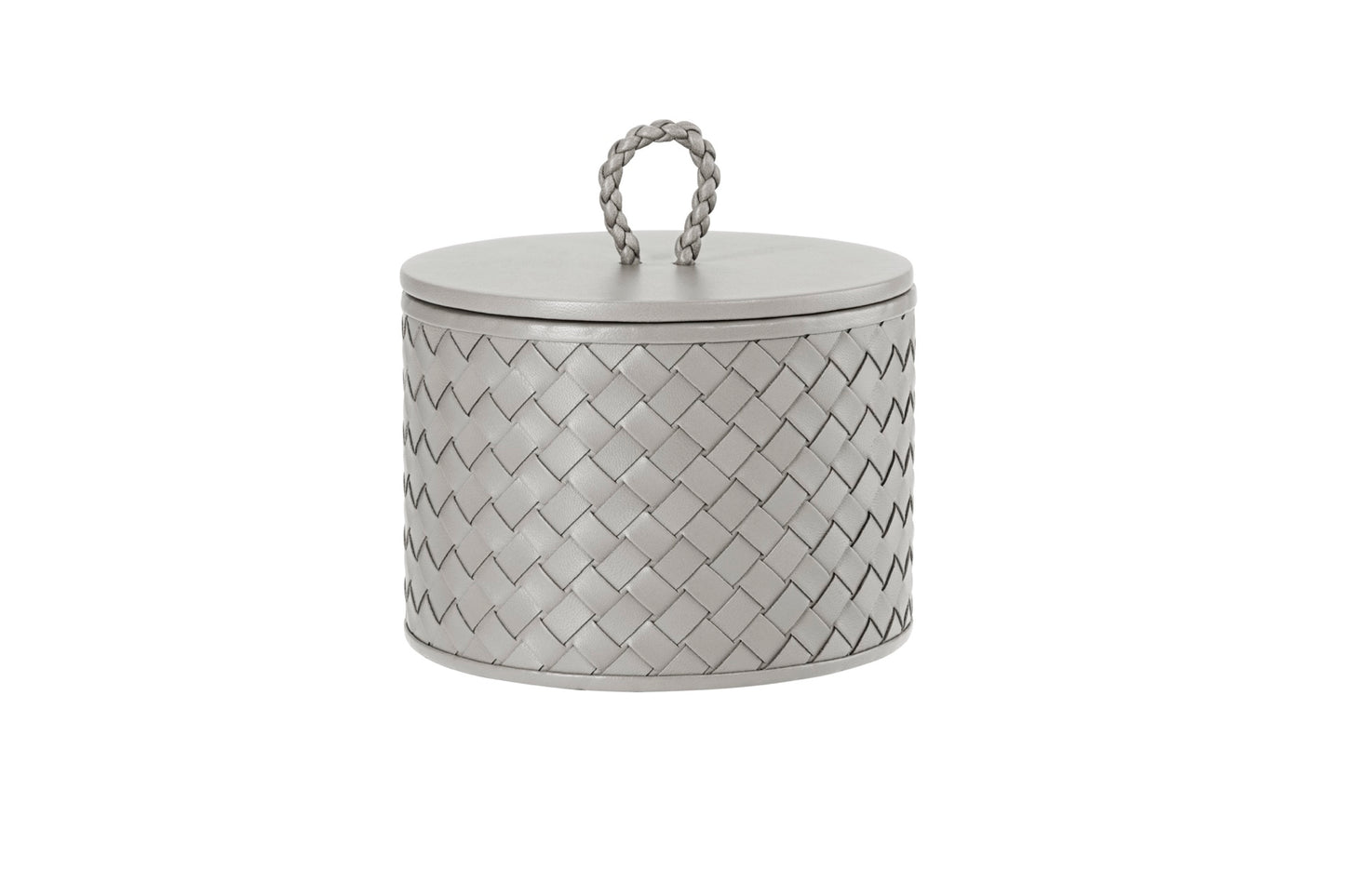 Riviere Jana | Round Box: Quilted leather box with lid, available in handwoven, diamond, or herringbone patterns, offered in multiple sizes for elegant storage and display | Decor / Trinket Boxes | 2Jour Concierge, your luxury lifestyle shop | luxury interiors, hospitality décor, elegant living, designer home accessories, boutique hotels, refined lifestyle, yacht décor, executive interiors