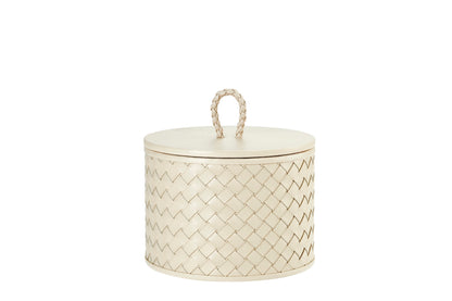 Riviere Jana | Round Box: Quilted leather box with lid, available in handwoven, diamond, or herringbone patterns, offered in multiple sizes for elegant storage and display | Decor / Trinket Boxes | 2Jour Concierge, your luxury lifestyle shop | luxury interiors, hospitality décor, elegant living, designer home accessories, boutique hotels, refined lifestyle, yacht décor, executive interiors