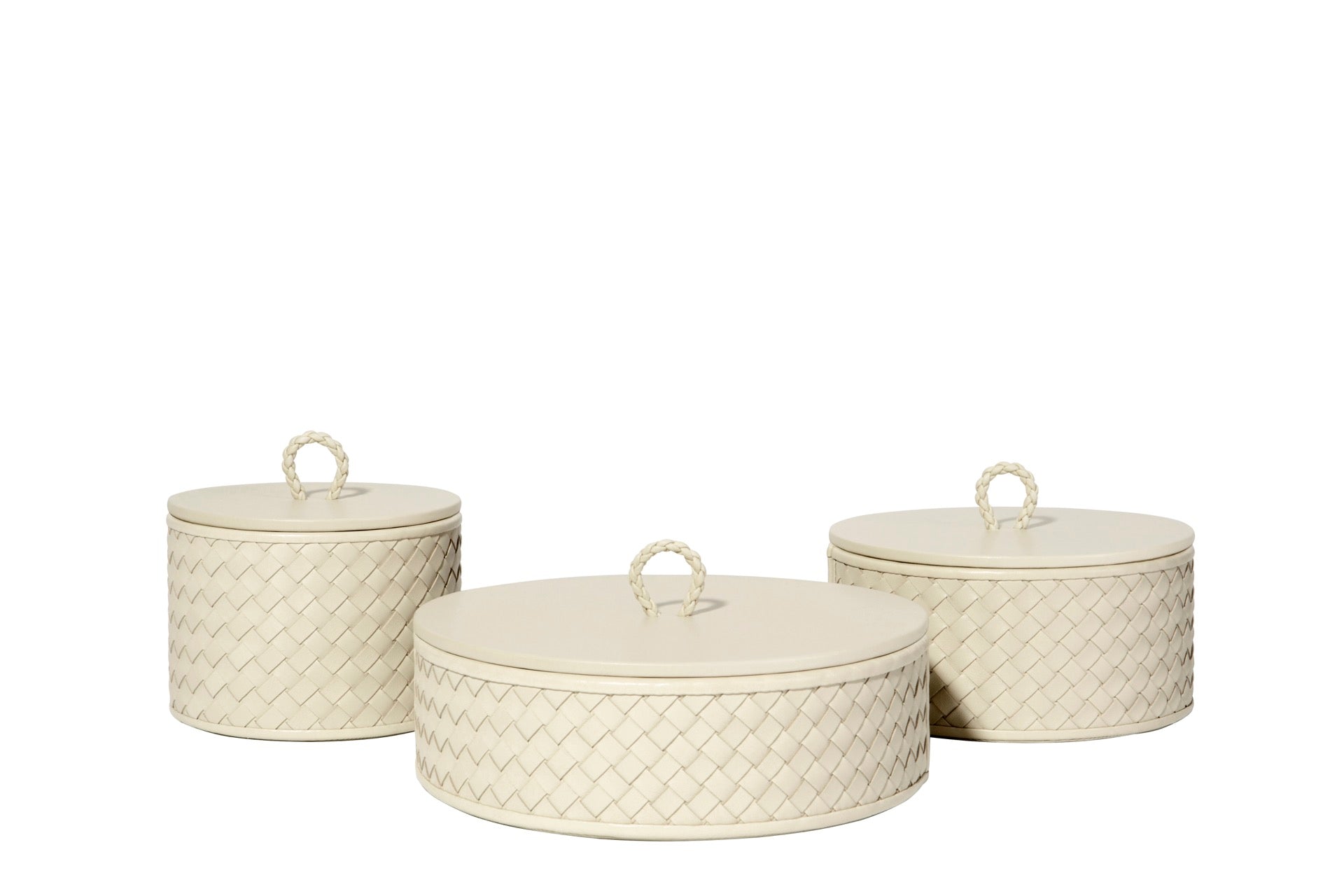 Riviere Jana | Round Box: Quilted leather box with lid, available in handwoven, diamond, or herringbone patterns, offered in multiple sizes for elegant storage and display | Decor / Trinket Boxes | 2Jour Concierge, your luxury lifestyle shop | luxury interiors, hospitality décor, elegant living, designer home accessories, boutique hotels, refined lifestyle, yacht décor, executive interiors