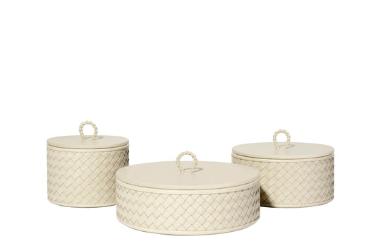 Riviere Jana | Round Box: Quilted leather box with lid, available in handwoven, diamond, or herringbone patterns, offered in multiple sizes for elegant storage and display | Decor / Trinket Boxes | 2Jour Concierge, your luxury lifestyle shop | luxury interiors, hospitality décor, elegant living, designer home accessories, boutique hotels, refined lifestyle, yacht décor, executive interiors