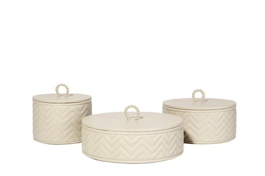 Riviere Jana | Round Box: Quilted leather box with lid, available in handwoven, diamond, or herringbone patterns, offered in multiple sizes for elegant storage and display | Decor / Trinket Boxes | 2Jour Concierge, your luxury lifestyle shop | luxury interiors, hospitality décor, elegant living, designer home accessories, boutique hotels, refined lifestyle, yacht décor, executive interiors