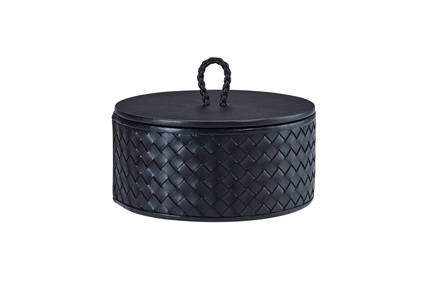 Riviere Jana | Round Box: Quilted leather box with lid, available in handwoven, diamond, or herringbone patterns, offered in multiple sizes for elegant storage and display | Decor / Trinket Boxes | 2Jour Concierge, your luxury lifestyle shop | luxury interiors, hospitality décor, elegant living, designer home accessories, boutique hotels, refined lifestyle, yacht décor, executive interiors
