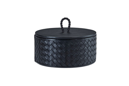Riviere Jana | Round Box: Quilted leather box with lid, available in handwoven, diamond, or herringbone patterns, offered in multiple sizes for elegant storage and display | Decor / Trinket Boxes | 2Jour Concierge, your luxury lifestyle shop | luxury interiors, hospitality décor, elegant living, designer home accessories, boutique hotels, refined lifestyle, yacht décor, executive interiors