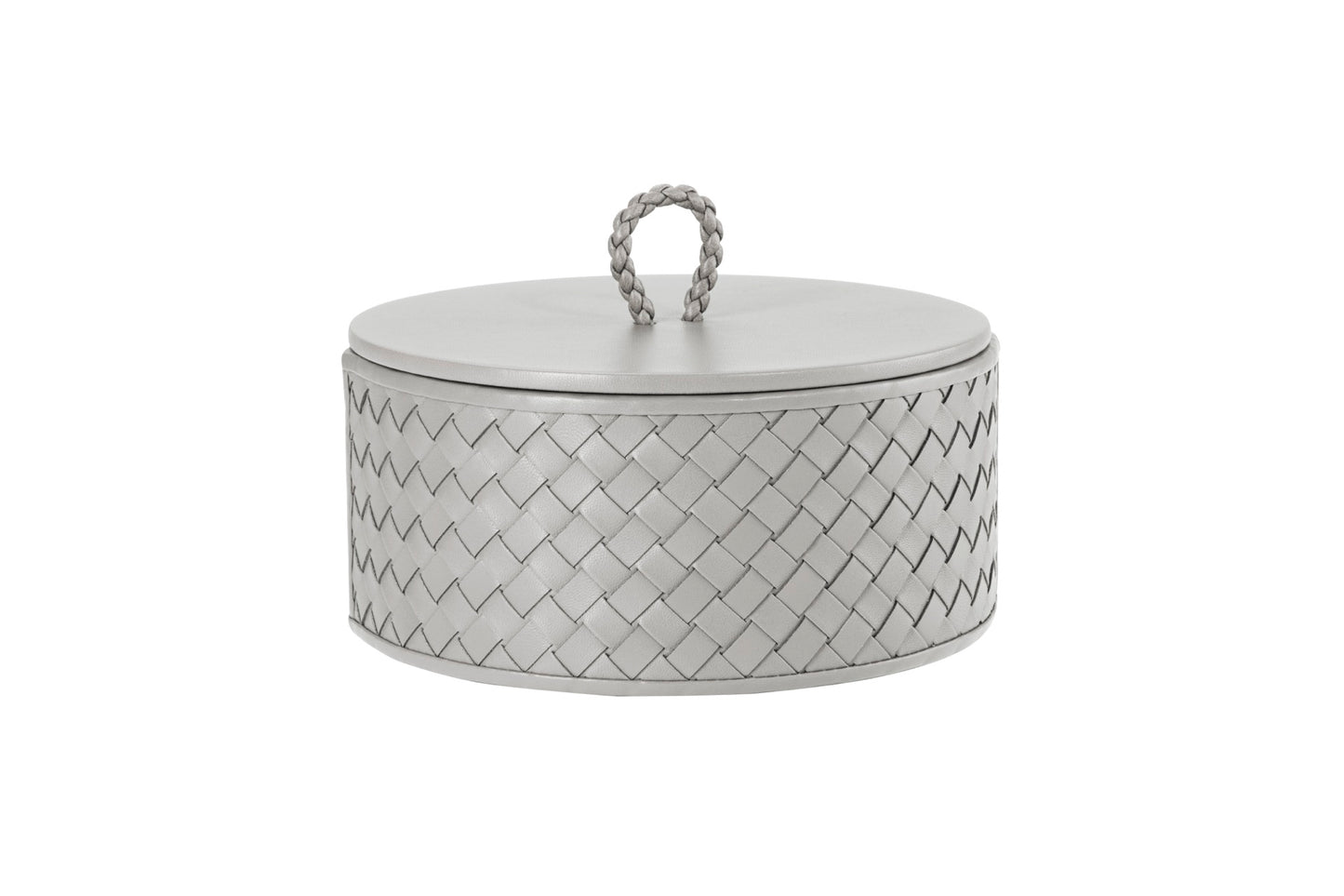 Riviere Jana | Round Box: Quilted leather box with lid, available in handwoven, diamond, or herringbone patterns, offered in multiple sizes for elegant storage and display | Decor / Trinket Boxes | 2Jour Concierge, your luxury lifestyle shop | luxury interiors, hospitality décor, elegant living, designer home accessories, boutique hotels, refined lifestyle, yacht décor, executive interiors