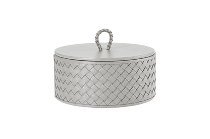 Riviere Jana | Round Box: Quilted leather box with lid, available in handwoven, diamond, or herringbone patterns, offered in multiple sizes for elegant storage and display | Decor / Trinket Boxes | 2Jour Concierge, your luxury lifestyle shop | luxury interiors, hospitality décor, elegant living, designer home accessories, boutique hotels, refined lifestyle, yacht décor, executive interiors