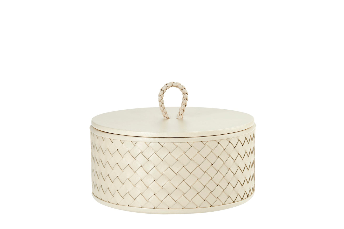 Riviere Jana | Round Box: Quilted leather box with lid, available in handwoven, diamond, or herringbone patterns, offered in multiple sizes for elegant storage and display | Decor / Trinket Boxes | 2Jour Concierge, your luxury lifestyle shop | luxury interiors, hospitality décor, elegant living, designer home accessories, boutique hotels, refined lifestyle, yacht décor, executive interiors