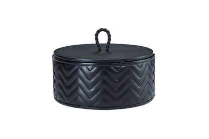 Riviere Jana | Round Box: Quilted leather box with lid, available in handwoven, diamond, or herringbone patterns, offered in multiple sizes for elegant storage and display | Decor / Trinket Boxes | 2Jour Concierge, your luxury lifestyle shop | luxury interiors, hospitality décor, elegant living, designer home accessories, boutique hotels, refined lifestyle, yacht décor, executive interiors