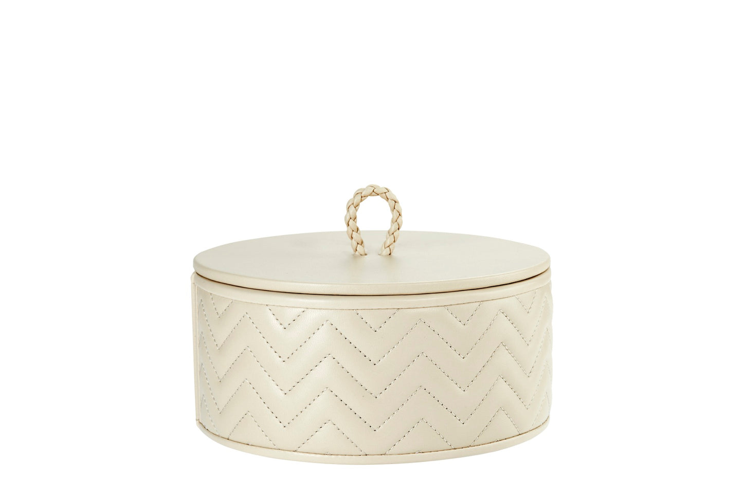 Riviere Jana | Round Box: Quilted leather box with lid, available in handwoven, diamond, or herringbone patterns, offered in multiple sizes for elegant storage and display | Decor / Trinket Boxes | 2Jour Concierge, your luxury lifestyle shop | luxury interiors, hospitality décor, elegant living, designer home accessories, boutique hotels, refined lifestyle, yacht décor, executive interiors