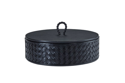 Riviere Jana | Round Box: Quilted leather box with lid, available in handwoven, diamond, or herringbone patterns, offered in multiple sizes for elegant storage and display | Decor / Trinket Boxes | 2Jour Concierge, your luxury lifestyle shop | luxury interiors, hospitality décor, elegant living, designer home accessories, boutique hotels, refined lifestyle, yacht décor, executive interiors