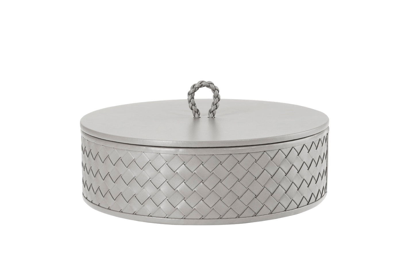 Riviere Jana | Round Box: Quilted leather box with lid, available in handwoven, diamond, or herringbone patterns, offered in multiple sizes for elegant storage and display | Decor / Trinket Boxes | 2Jour Concierge, your luxury lifestyle shop | luxury interiors, hospitality décor, elegant living, designer home accessories, boutique hotels, refined lifestyle, yacht décor, executive interiors