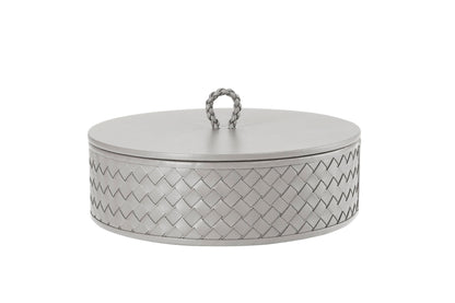 Riviere Jana | Round Box: Quilted leather box with lid, available in handwoven, diamond, or herringbone patterns, offered in multiple sizes for elegant storage and display | Decor / Trinket Boxes | 2Jour Concierge, your luxury lifestyle shop | luxury interiors, hospitality décor, elegant living, designer home accessories, boutique hotels, refined lifestyle, yacht décor, executive interiors