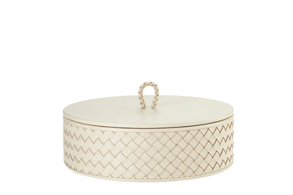 Riviere Jana | Round Box: Quilted leather box with lid, available in handwoven, diamond, or herringbone patterns, offered in multiple sizes for elegant storage and display | Decor / Trinket Boxes | 2Jour Concierge, your luxury lifestyle shop | luxury interiors, hospitality décor, elegant living, designer home accessories, boutique hotels, refined lifestyle, yacht décor, executive interiors