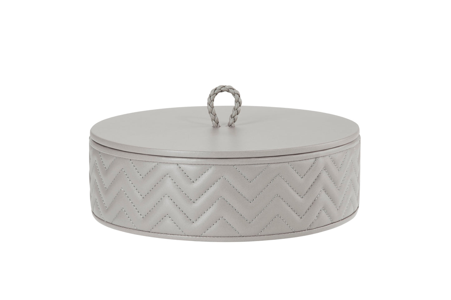 Riviere Jana | Round Box: Quilted leather box with lid, available in handwoven, diamond, or herringbone patterns, offered in multiple sizes for elegant storage and display | Decor / Trinket Boxes | 2Jour Concierge, your luxury lifestyle shop | luxury interiors, hospitality décor, elegant living, designer home accessories, boutique hotels, refined lifestyle, yacht décor, executive interiors