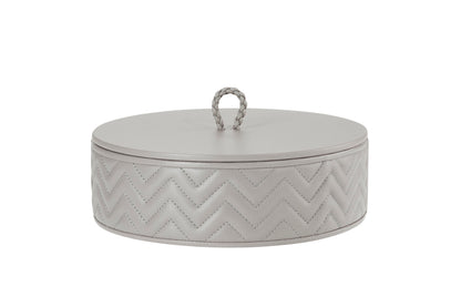 Riviere Jana | Round Box: Quilted leather box with lid, available in handwoven, diamond, or herringbone patterns, offered in multiple sizes for elegant storage and display | Decor / Trinket Boxes | 2Jour Concierge, your luxury lifestyle shop | luxury interiors, hospitality décor, elegant living, designer home accessories, boutique hotels, refined lifestyle, yacht décor, executive interiors