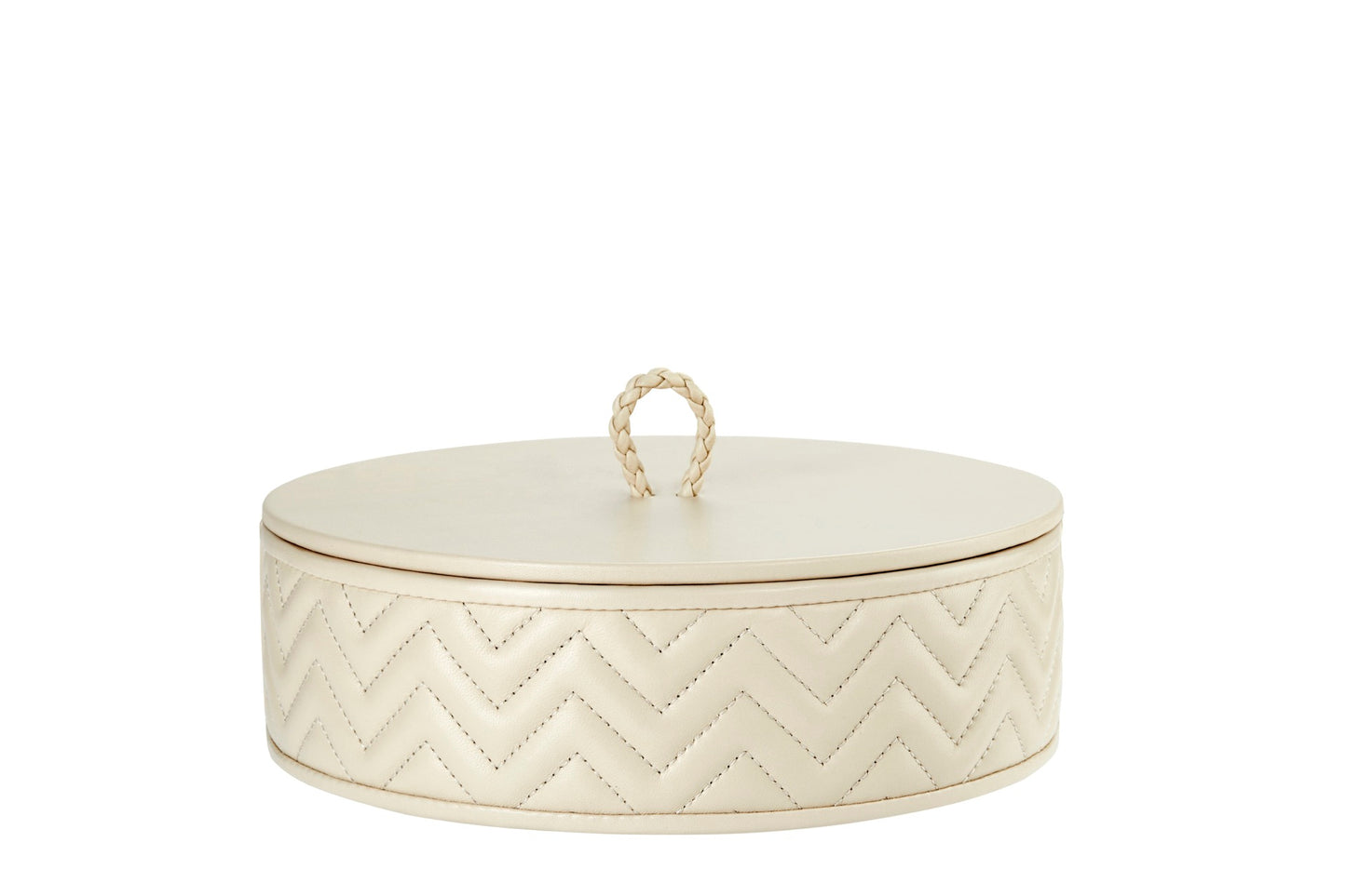 Riviere Jana | Round Box: Quilted leather box with lid, available in handwoven, diamond, or herringbone patterns, offered in multiple sizes for elegant storage and display | Decor / Trinket Boxes | 2Jour Concierge, your luxury lifestyle shop | luxury interiors, hospitality décor, elegant living, designer home accessories, boutique hotels, refined lifestyle, yacht décor, executive interiors