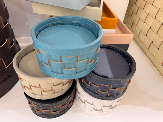 Riviere Barcellona Coaster Holder | Set of 10 Leather Coasters | Presented in a Woven Round Box | Ideal for Yacht Decor | Available at 2Jour Concierge, #1 luxury high-end gift & lifestyle shop