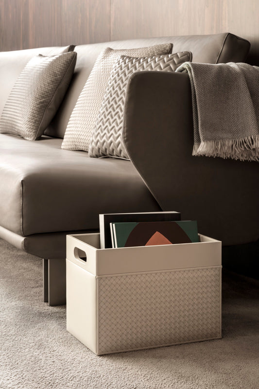 Emy Handwoven Leather Magazine Holder with Varnished Wood Lining