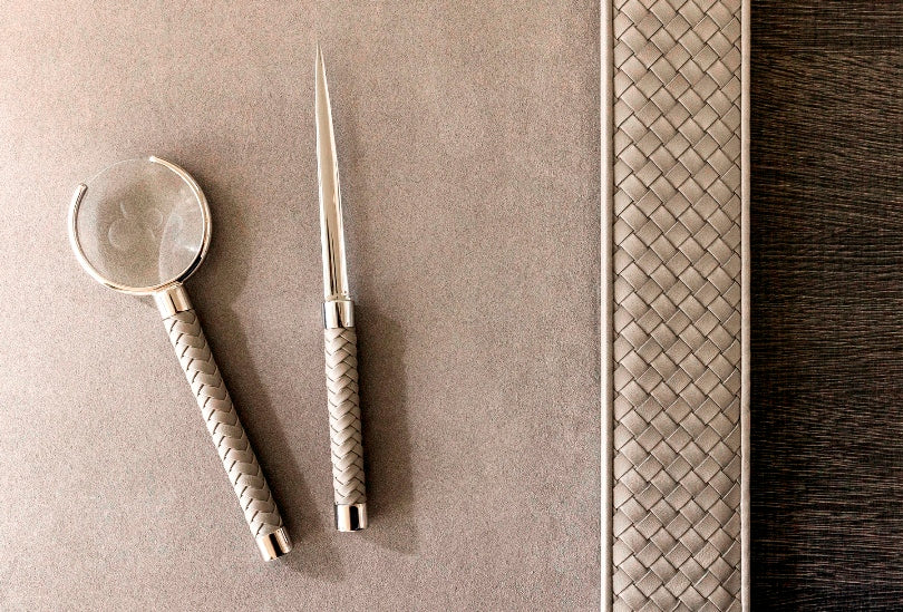 Riviere Celio Letter Opener With Handwoven Leather Inserts | Elegant Design for Opening Correspondence | Handcrafted with Fine Leather Details | Elevate Your Desk Accessories with Luxury Items from Riviere | Available at 2Jour Concierge, #1 luxury high-end gift & lifestyle shop