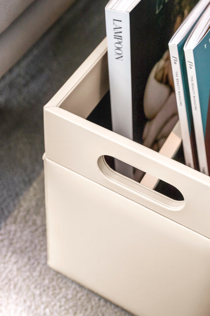 Emy Handwoven Leather Magazine Holder with Varnished Wood Lining