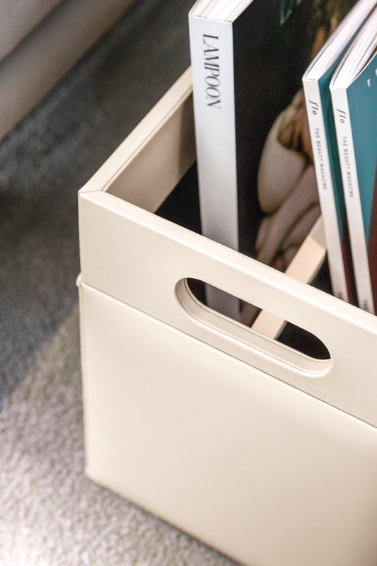 Emy Handwoven Leather Magazine Holder with Varnished Wood Lining