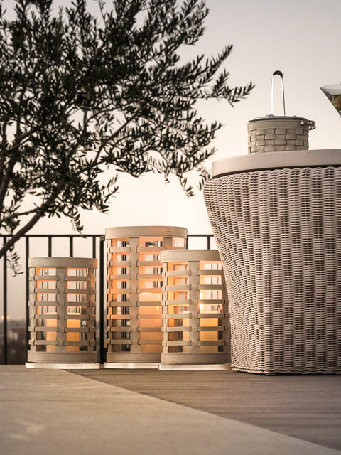 Barcellona Hurricane Lantern by Riviere | Hurricane lantern with acrylic crystal | Covered with woven leather | Home Decor and Lanterns | 2Jour Concierge, your luxury lifestyle shop
