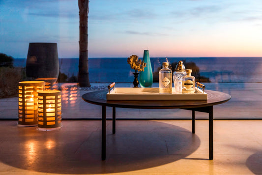 Barcellona Hurricane Lantern by Riviere | Hurricane lantern with acrylic crystal | Covered with woven leather | Home Decor and Lanterns | 2Jour Concierge, your luxury lifestyle shop