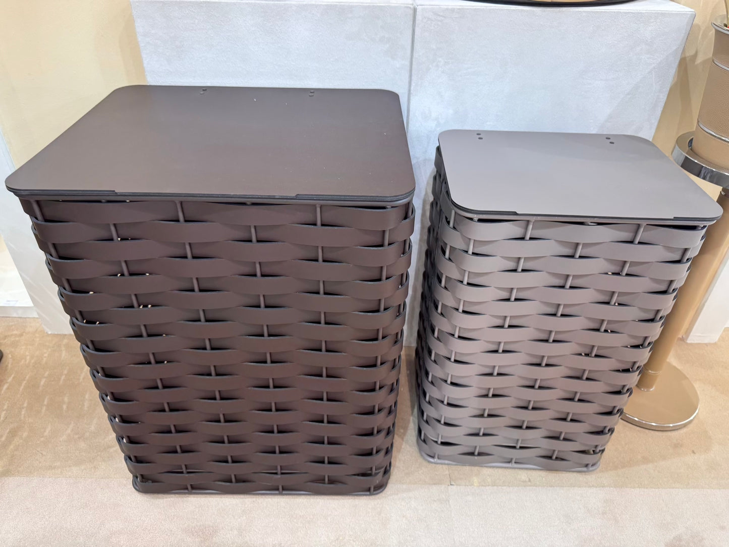 Rudi | Nassa Regular Laundry Basket: Dark-stained aluminum structure with Tecnocuoio® weaving — two sizes with or without lid, rubber feet or wheels | Storage | 2Jour Concierge, your luxury lifestyle shop | luxury laundry basket, Rudi Nassa, Tecnocuoio basket, designer laundry hamper, indoor outdoor basket